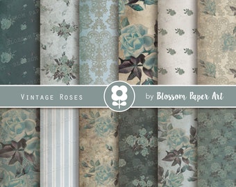 Teal Digital Papers FLORAL Digital Papers, Vintage Scrapbook Paper Pack, Old Texture Decoupage, Scrapbooking Cardmaking Collage Sheet 2546