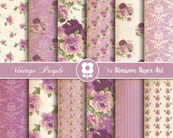 Purple Digital Papers FLORAL Digital Papers, Vintage Scrapbook Paper Pack, Old Texture Decoupage, Scrapbooking Cardmaking Collage Sheet 2488