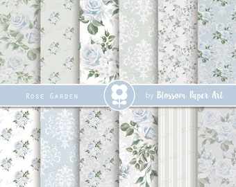 May include: A set of 10 digital paper patterns featuring blue roses and floral designs. The patterns are perfect for scrapbooking, card making, and other crafting projects. The text "ROSE GARDEN" and "by Blossom Paper Art" is included in the image.