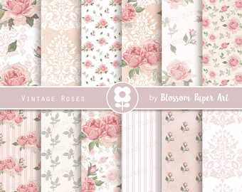 Shabby Chic Roses Digital Paper Pack: Vintage Collage (Instant Download) - 2820