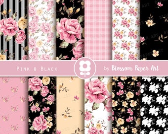 Black Floral Digital Paper, Scrapbook Paper Pack, Pink Roses Collage Sheet - INSTANT DOWNLOAD  - 2735