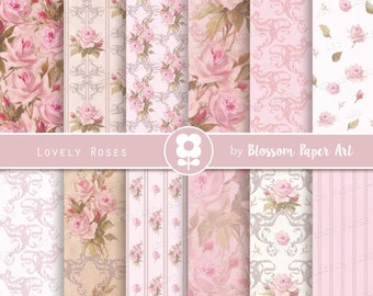 Pink Digital Paper Pack, Shabby Chic Roses  Scrapbook Paper, Floral Collage Sheets, Pink Vintage Roses - INSTANT DOWNLOAD 2852 2