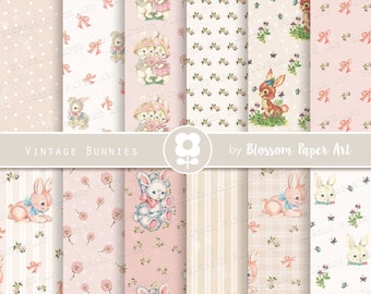 Vintage Bunny Digital Paper: Baby Scrapbook Collage Sheets (Digital Download)