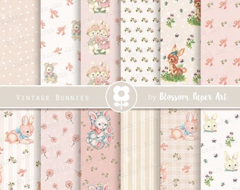 Nursery Digital Paper, Bunnies Digital Paper, Baby Scrapbook Vintage Bunny Collage Sheets, Pink Vintage Digital Paper INSTANT DOWNLOAD 2777