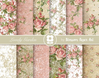 Shabby Chic Rose Digital Paper Pack: Vintage Floral Scrapbook (Instant Download)