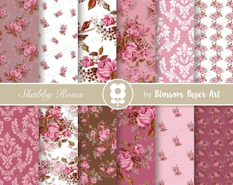 Pink Roses Digital Paper Pack, Scrapbook (Digital Download)