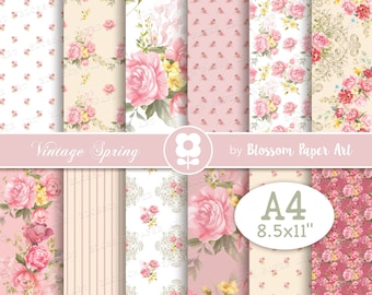 May include: A set of 12 digital papers featuring vintage floral patterns in shades of pink, white, and cream. The papers are designed for scrapbooking, card making, and other craft projects. The papers are 8.5 x 11 inches.