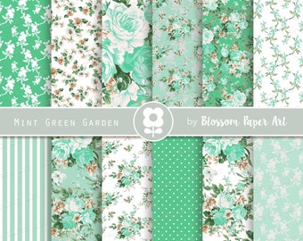 Mintgroen bloemen digitaal papierpakket: roos plakboekpapier (digitale download)