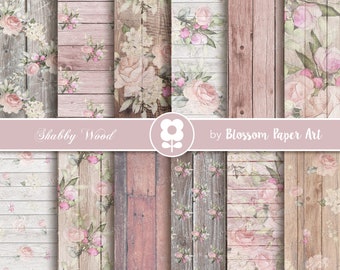 Shabby Chic Wood Texture Paper: Roses Collage (Digital Download)