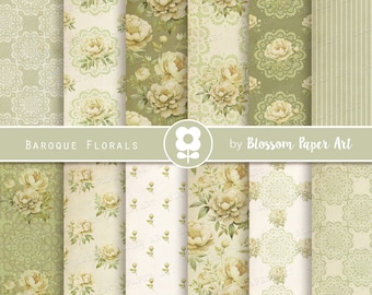 Digitaal papier met groene bloemen: Victoriaans Shabby Chic plakboek (digitale download)