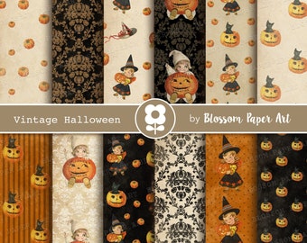 May include: Vintage Halloween digital paper pack with 10 different patterns featuring black cats, pumpkins, and children in Halloween costumes. The patterns are in shades of orange, black, and white.