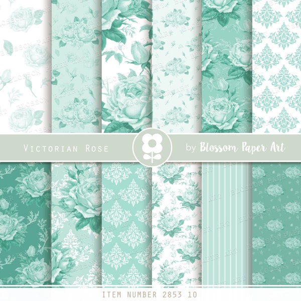 Green Mint Digital Paper, Roses Scrapbook Paper Pack, Aqua Digital Papers, Roses Scrapbooking - INSTANT DOWNLOAD  - 2853 10