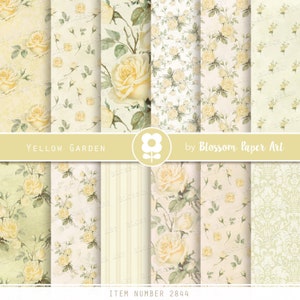 Shabby Chic Digital Paper Pack, Geel Plakboek Papier, Vintage Rozen Collage Vellen, Roze Vintage Rozen - INSTANT DOWNLOAD 2844