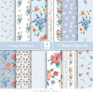 Papel de parede vintage, papel floral para impressão, papel digital azul para menino, para lixo eletrônico, folha de colagem surrada DOWNLOAD INSTANTÂNEO - 2949 1