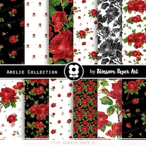 Zwart en rood digitaal papier, Roses Scrapbook Papers Floral Papers, Roses Scrapbooking - INSTANT DOWNLOAD - 2859 6