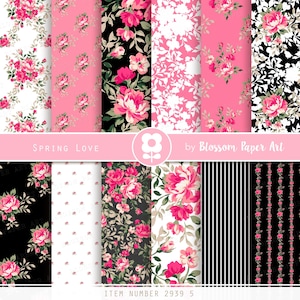 Pink Floral Digital Paper Pack: Black Roses Scrapbook Paper (Instant Download)