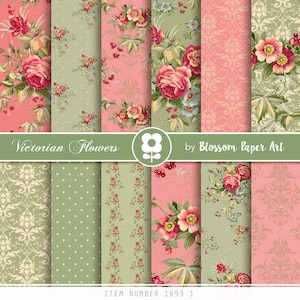 Blumen Digitales Papier, Rosen Digital Paper Pack, Hochzeit, Scrapbooking, Rosen, Rosa, Grün - INSTANT DOWNLOAD - 1693