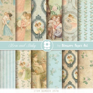 MAMAN et BÉBÉ vintage Papier numérique, vintage Mère et Fils Digital Paper Pack, Baby Shower Scrapbooking vintage Roses Téléchargement instantané 2378