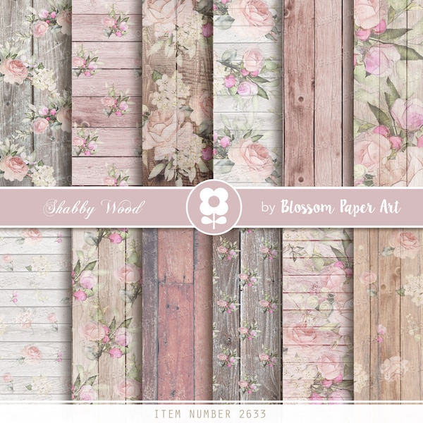 Wood Texture Paper, Shabby Chic Digital Paper Pack, Roses Scrapbook Collage Sheets, Pink Vintage Roses - INSTANT DOWNLOAD 2633