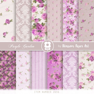 Purple Digital Paper, Purple Scrapbook Paper Pack, Shabby Chic Digital Paper Pack, Roses Scrapbook Collage Sheets - INSTANT DOWNLOAD 2656