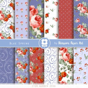 Puede incluir: Un conjunto de 10 patrones de papel digital con diseños florales en tonos rojos, blancos y azules. Los patrones incluyen rosas, lunares y espirales. El texto "BLUE SPRING" y "by Blossom Paper Art" están incluidos en la imagen.