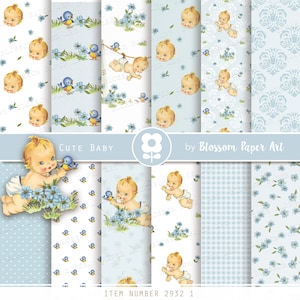 Vintage BABY Digital Paper, Light Blue Scrapbook Papers, Cute Digital Papers for Baby Showers, Junk Journals, Instant Download 2932 1