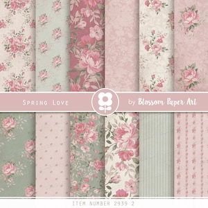 Papel digital floral, pacote de papel digital vintage para diário, folhas de colagem de rosas, rosas vintage rosa e verdes - DOWNLOAD INSTANTÂNEO 2939 2