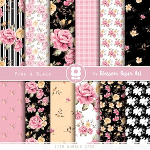 Black Floral Digital Paper, Scrapbook Paper Pack, Pink Roses Collage Sheet - INSTANT DOWNLOAD  - 2735