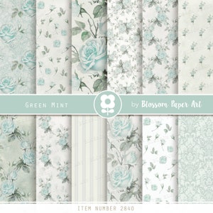 Vintage Digitales Papier, Shabby Chic Digital Paper Pack, Mint Grüne Rosen Scrapbook Collage Sheets, Vintage Rosen - SOFORTIGER DOWNLOAD 2840