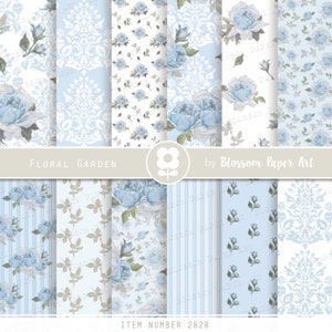 Vintage Digitalpapier, lichtblaue Scrapbook Papier, Rosen Digital Paper Pack, Rosen Scrapbook Collage Blätter - INSTANT DOWNLOAD 2828