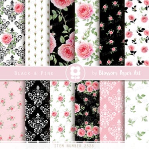 Pink & Black Floral Scrapbook Paper: Shabby Chic Collage (Digital Download)