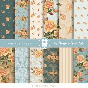 Teal Roses Digital Paper, Collage Sheet, Shabby Chic Floral Scrapbook, Scrapbook Paper, Vintage Roses, Digital Paper INSTANT DOWNLOAD 2543