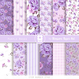 Carta digitale viola, pacchetto di carta per album floreale, download digitale rosa, Scrapbooking, foglio di collage di rose viola - DOWNLOAD IMMEDIATO 2734 2