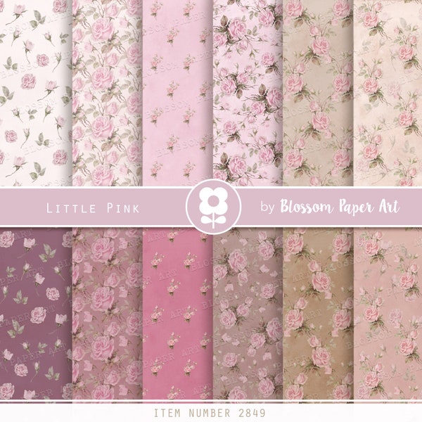 Pink Floral Papers, Shabby Chic Digital Paper Pack, Little Roses Scrapbook Collage Sheets, Vintage Roses - INSTANT DOWNLOAD 2849