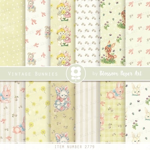 Papel digital vintage para bebê, papel para álbum de recortes de berçário, animais de berçário, papel para álbum de recortes de coelho bebê, download digital DOWNLOAD INSTANTÂNEO 2779