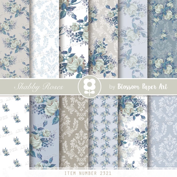 Blue Floral Digital Papers, Shabby chic Wedding Scrapbook Paper pack 2321