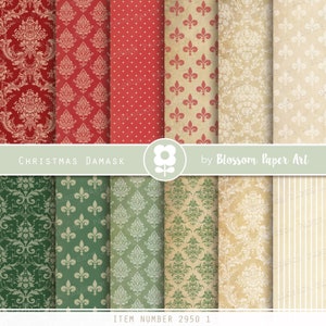 Vintage Christmas Digital Paper, Damask Christmas Paper Pack, Christmas Patterns, Christmas Backgrounds, Vintage Christmas Textures 2950 1
