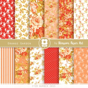 Papel Digital Laranja, Papel de Rascunho Floral, Pacote de Papel Digital Rosa, Scrapbooking Vermelho, Rosas - DOWNLOAD INSTANTÂNEO - 2855