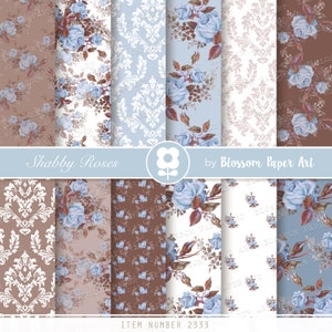 Papel digital azul e marrom, rosa, pacote de papel digital, scrapbooking floral, papel digital floral, rosas vitorianas 2333