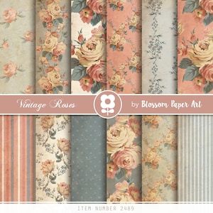 Cyfrowy papier kwiatowy, pakiet cyfrowego papieru vintage, papier do scrapbookingu z różą, pakiet niebieskiego papieru do scrapbookingu - NATYCHMIASTOWE POBIERANIE 2489