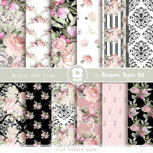 Rosa und Schwarz Digitales Papier, Floral Rosa und Schwarz Digitales Papier Pack, Floral Digital Scrapbooking Pack - INSTANT DOWNLOAD 2592 2