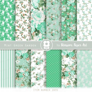 Green Mint Digital Papers, Floral Digital Paper Pack, Rose Digital Scrapbooking, Rose Papers - TÉLÉCHARGEMENT INSTANTANÉ 2835