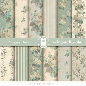 Carta digitale floreale Junk Journal, Carta digitale Teal, Carta Scrapbook Vintage Roses, Fogli Collage floreali - DOWNLOAD IMMEDIATO 1888 1