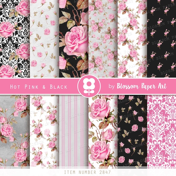 Hot Pink and Black Digital Paper, Shabby Chic Scrapbook Paper, Pink Roses Collage Sheets, Digital Download Pages INSTANT DOWNLOAD 2847