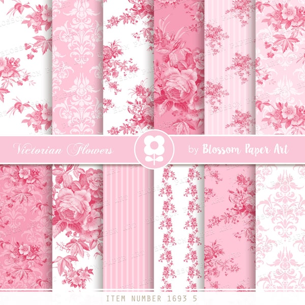 Pink Rose Digital Paper Floral Digital Paper Pack, Pink Wedding Vintage Roses, Scrapbooking, VIntage Roses - INSTANT DOWNLOAD -1693 5