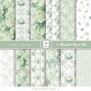 Green Roses Digital Paper: Shabby Chic Scrapbook Paper (Instant Download)