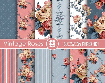 Pink & Blue Vintage Roses Digital Paper Pack (Digital Download)