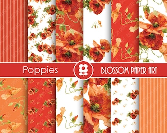 Poppies Digital Paper Pack, Red Floral Papers, Digital Scrapbooking Pack, Poppies, Decoupage, Digital Download - 1911