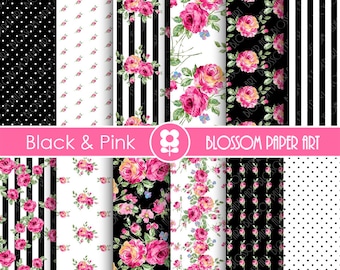 Pink and Black Digital Paper, Floral Digital Paper Pack, Pink Roses, Scrapbooking, Roses, Pink & Black Roses - INSTANT DOWNLOAD  - 1903