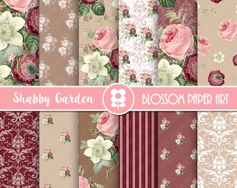 Floral Digital Paper, Vintage Roses Digital Paper Pack, Maroon Roses, Vintage Scrapbook Paper, Shabby Chic Roses - INSTANT DOWNLOAD 2015